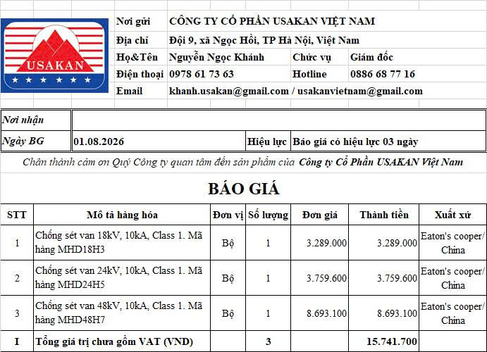 Chống sét van 24kV, 10kA, Class 1. Mã hàng MHD24H5 - Eaton Cooper / China