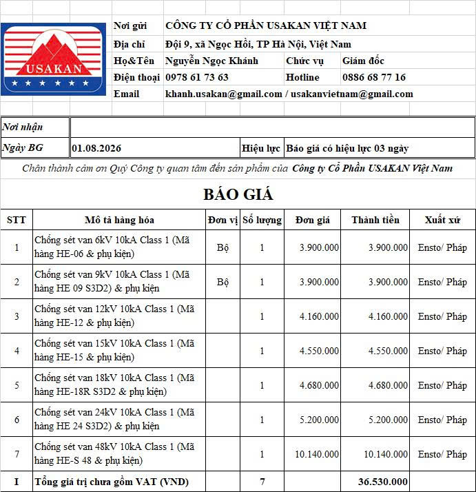 Chống sét van 6kV 10kA Class 1 (HE 06) - Ensto/ Pháp